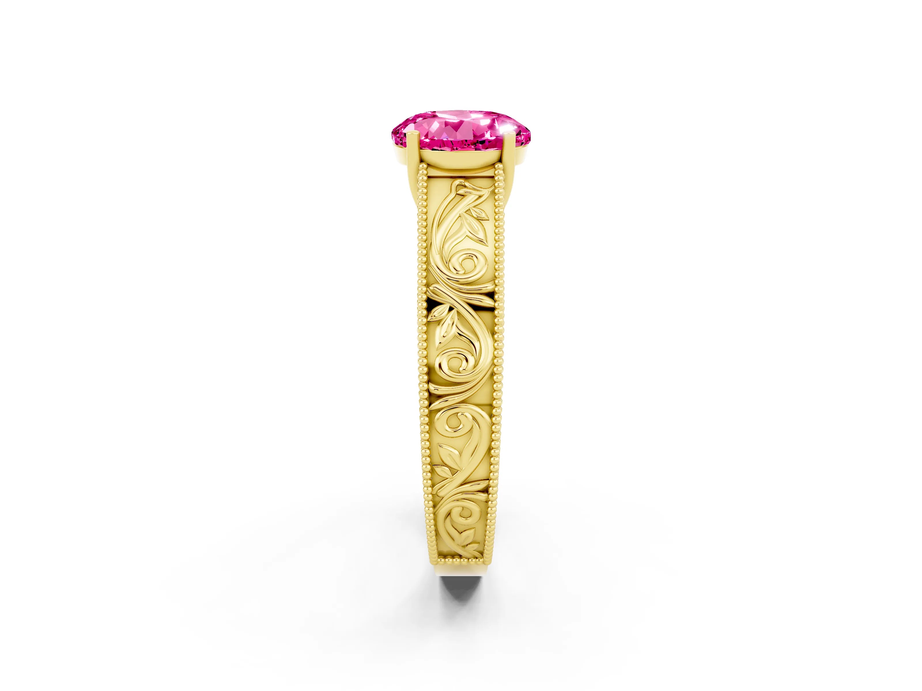 Yellow gold Round Cut Pink Sapphire Solitaire Ring with Engraved Band and Four-Prong Setting_2