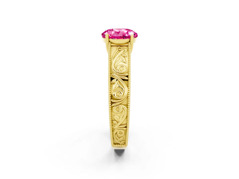 Yellow gold Round Cut Pink Sapphire Solitaire Ring with Engraved Band and Four-Prong Setting_2