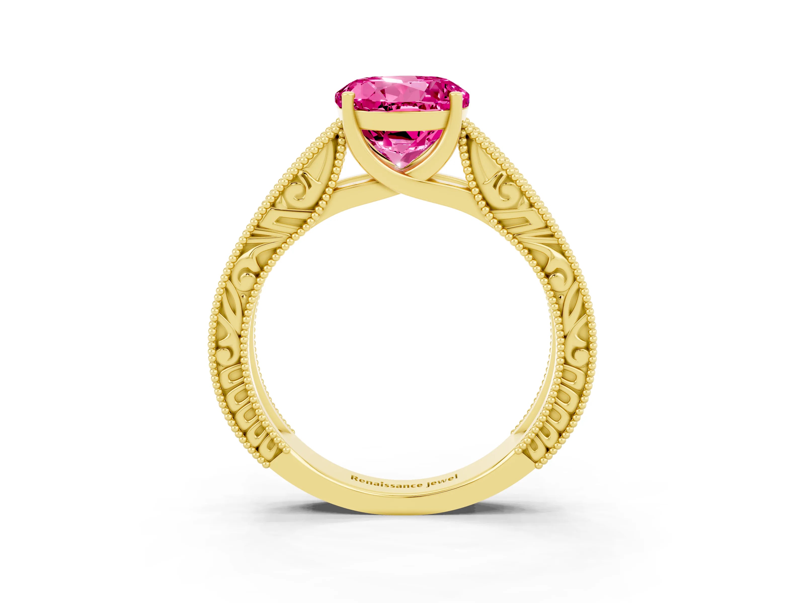 Yellow gold Round Cut Pink Sapphire Solitaire Ring with Engraved Band and Four-Prong Setting_3