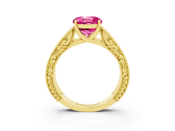 Yellow gold Round Cut Pink Sapphire Solitaire Ring with Engraved Band and Four-Prong Setting