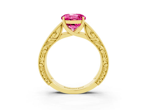 Yellow gold Round Cut Pink Sapphire Solitaire Ring with Engraved Band and Four-Prong Setting_3