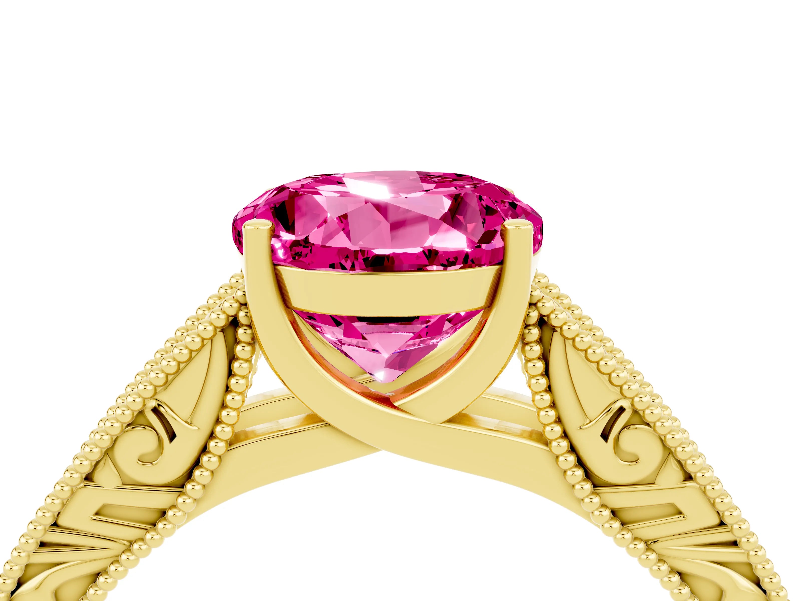 Yellow gold Round Cut Pink Sapphire Solitaire Ring with Engraved Band and Four-Prong Setting_4