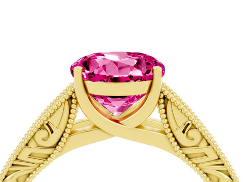 Yellow gold Round Cut Pink Sapphire Solitaire Ring with Engraved Band and Four-Prong Setting_4