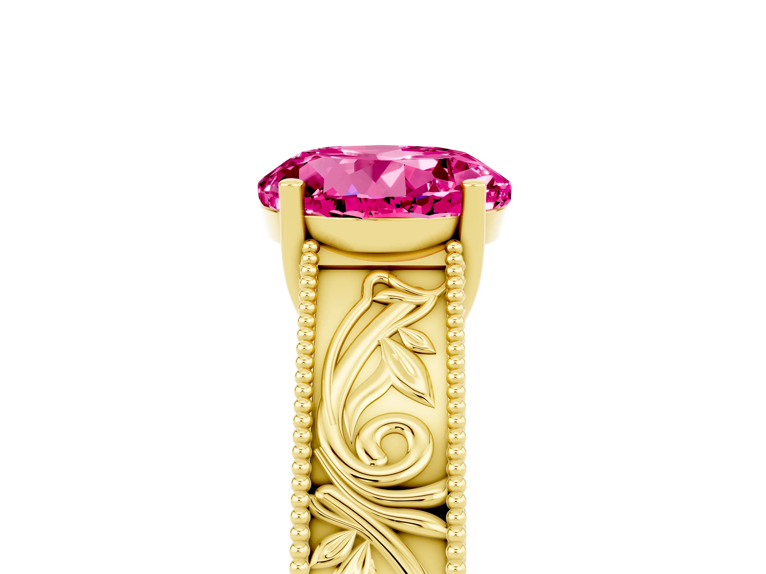 Yellow gold Round Cut Pink Sapphire Solitaire Ring with Engraved Band and Four-Prong Setting_5