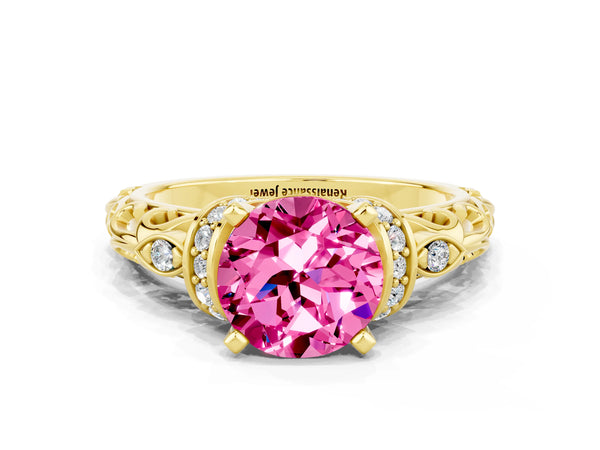 Yellow gold Round Cut Pink Sapphire Solitaire Ring with Filigree Band and Four-Prong Setting
