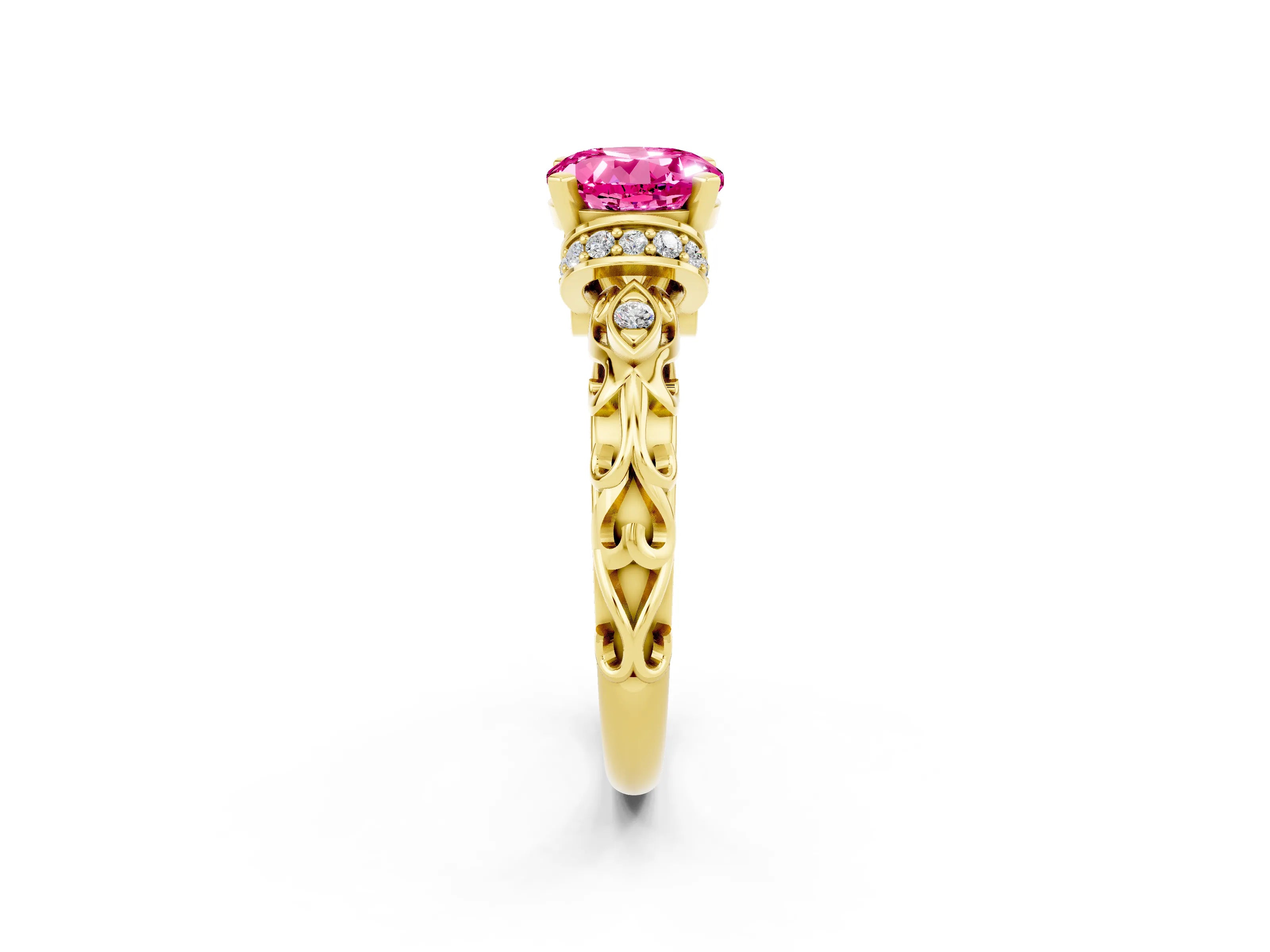 Yellow gold Round Cut Pink Sapphire Solitaire Ring with Filigree Band and Four-Prong Setting_50