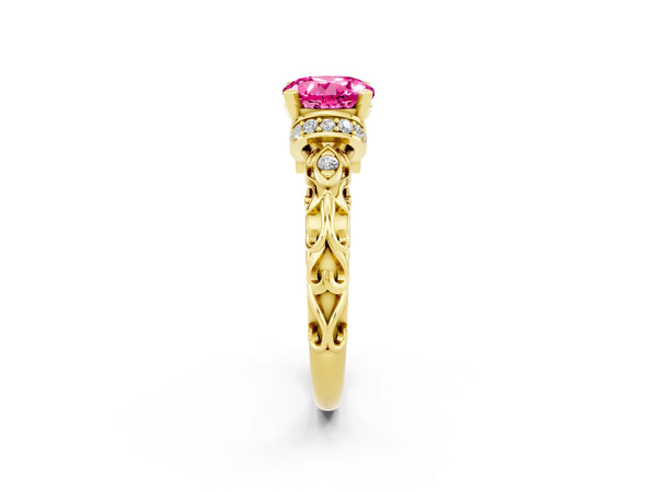 Yellow gold Round Cut Pink Sapphire Solitaire Ring with Filigree Band and Four-Prong Setting