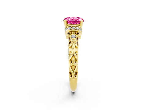 Yellow gold Round Cut Pink Sapphire Solitaire Ring with Filigree Band and Four-Prong Setting_50