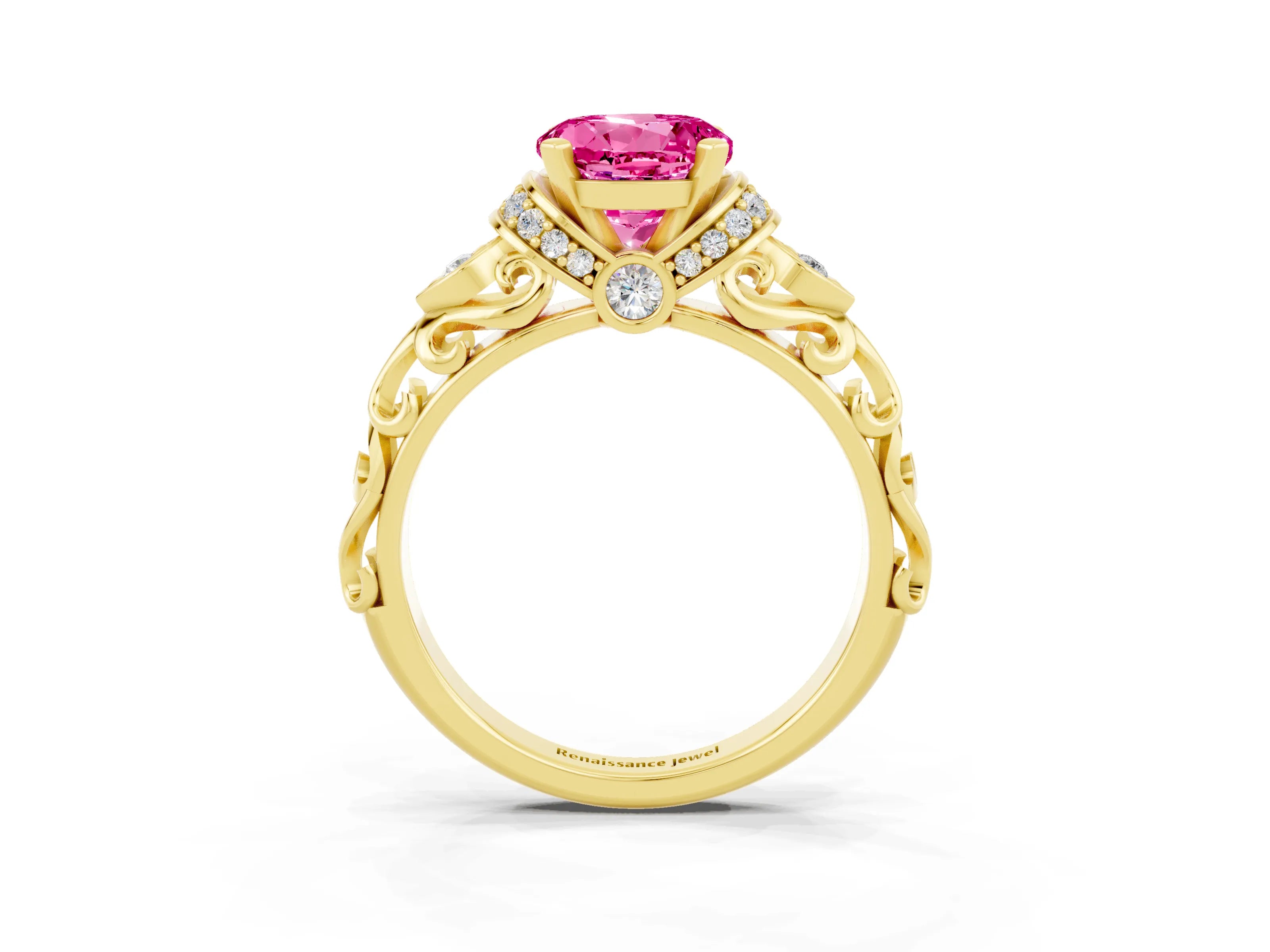 Yellow gold Round Cut Pink Sapphire Solitaire Ring with Filigree Band and Four-Prong Setting_51