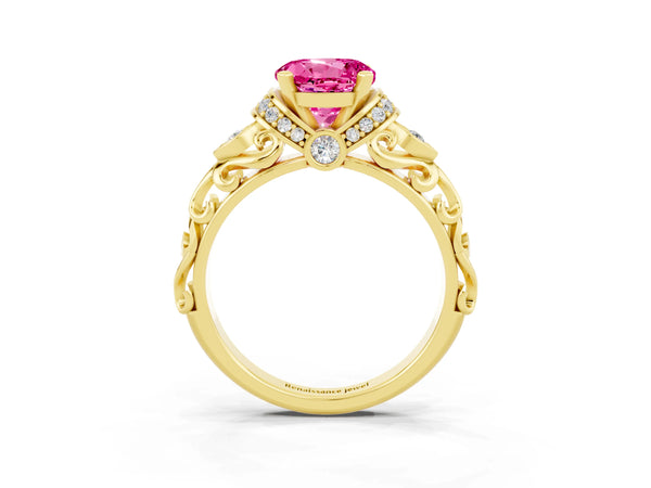 Yellow gold Round Cut Pink Sapphire Solitaire Ring with Filigree Band and Four-Prong Setting