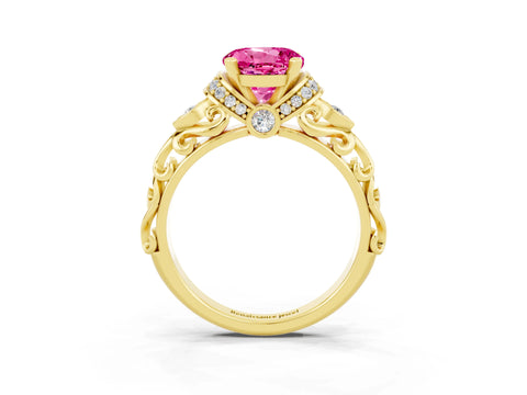 Yellow gold Round Cut Pink Sapphire Solitaire Ring with Filigree Band and Four-Prong Setting_51