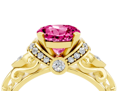 Yellow gold Round Cut Pink Sapphire Solitaire Ring with Filigree Band and Four-Prong Setting_52