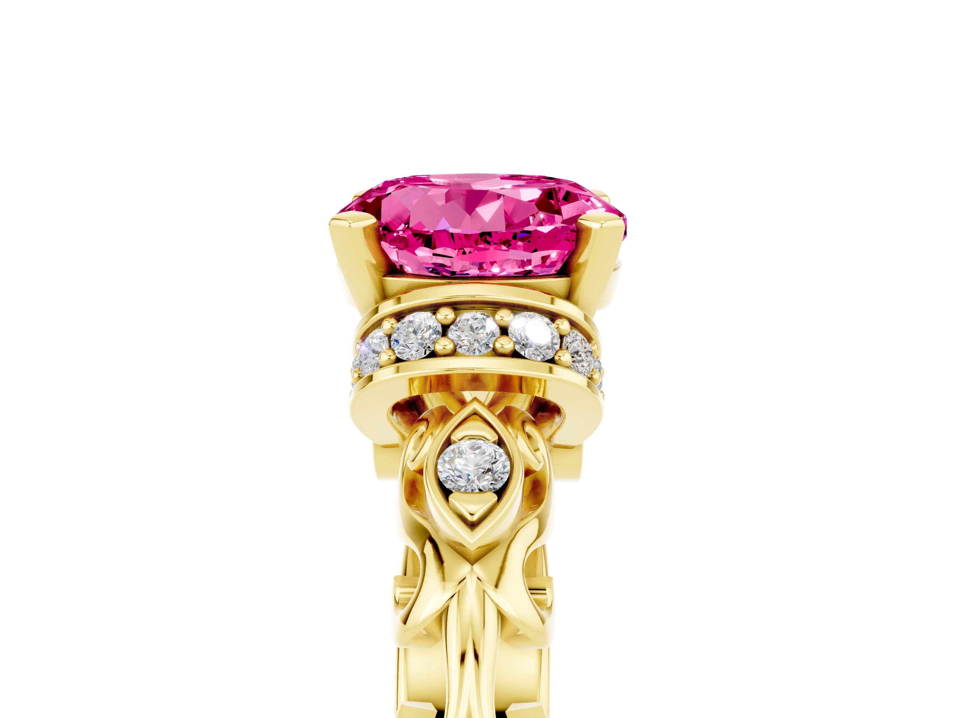 Yellow gold Round Cut Pink Sapphire Solitaire Ring with Filigree Band and Four-Prong Setting_53