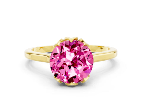 Yellow gold Round Cut Pink Sapphire Solitaire Ring with Flower Prong Setting and Classic Band_12