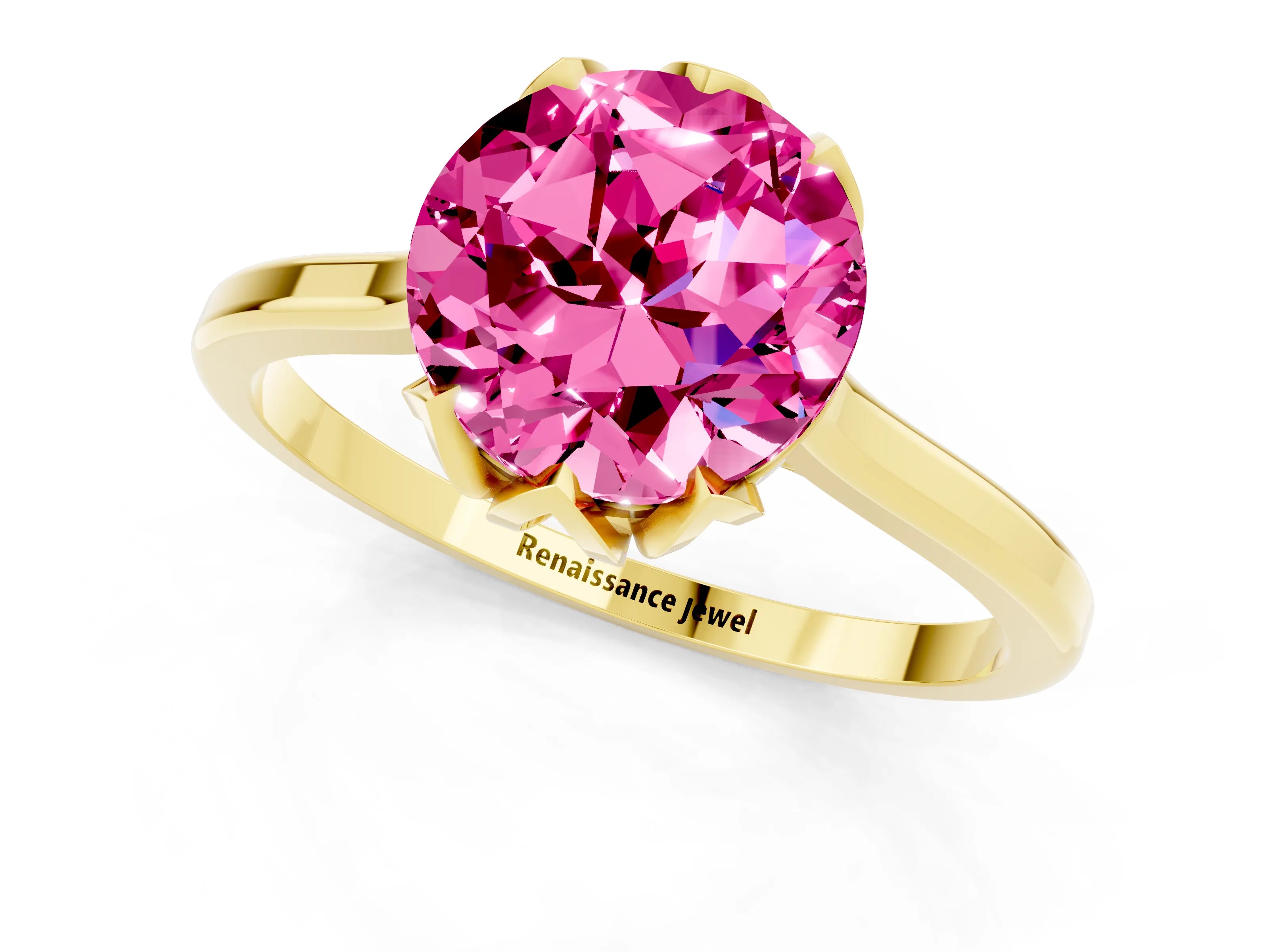 Yellow gold Round Cut Pink Sapphire Solitaire Ring with Flower Prong Setting and Classic Band_13