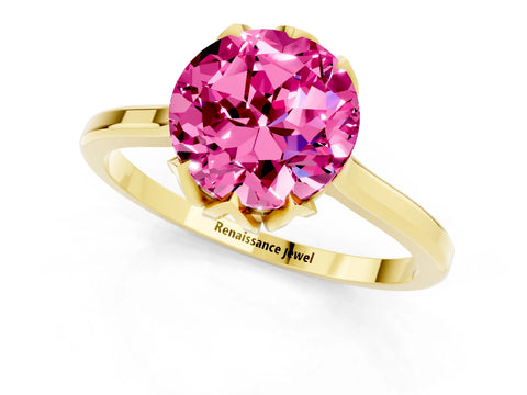 Yellow gold Round Cut Pink Sapphire Solitaire Ring with Flower Prong Setting and Classic Band_13