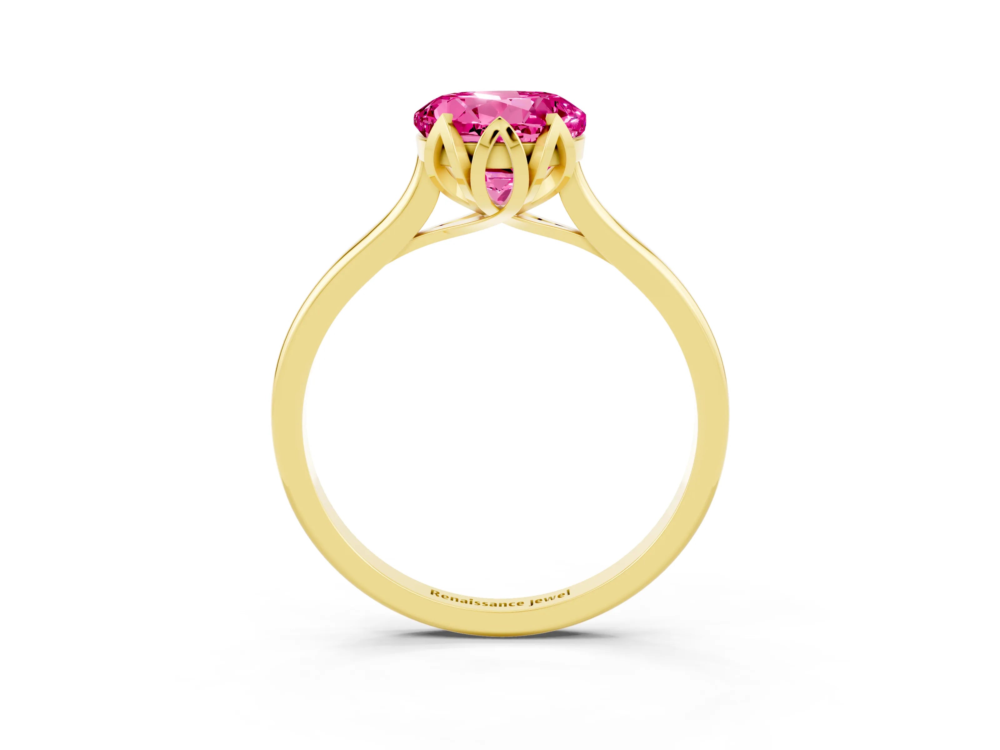 Yellow gold Round Cut Pink Sapphire Solitaire Ring with Flower Prong Setting and Classic Band_15