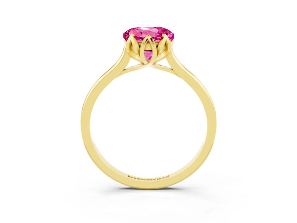 Yellow gold Round Cut Pink Sapphire Solitaire Ring with Flower Prong Setting and Classic Band
