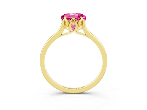 Yellow gold Round Cut Pink Sapphire Solitaire Ring with Flower Prong Setting and Classic Band_15