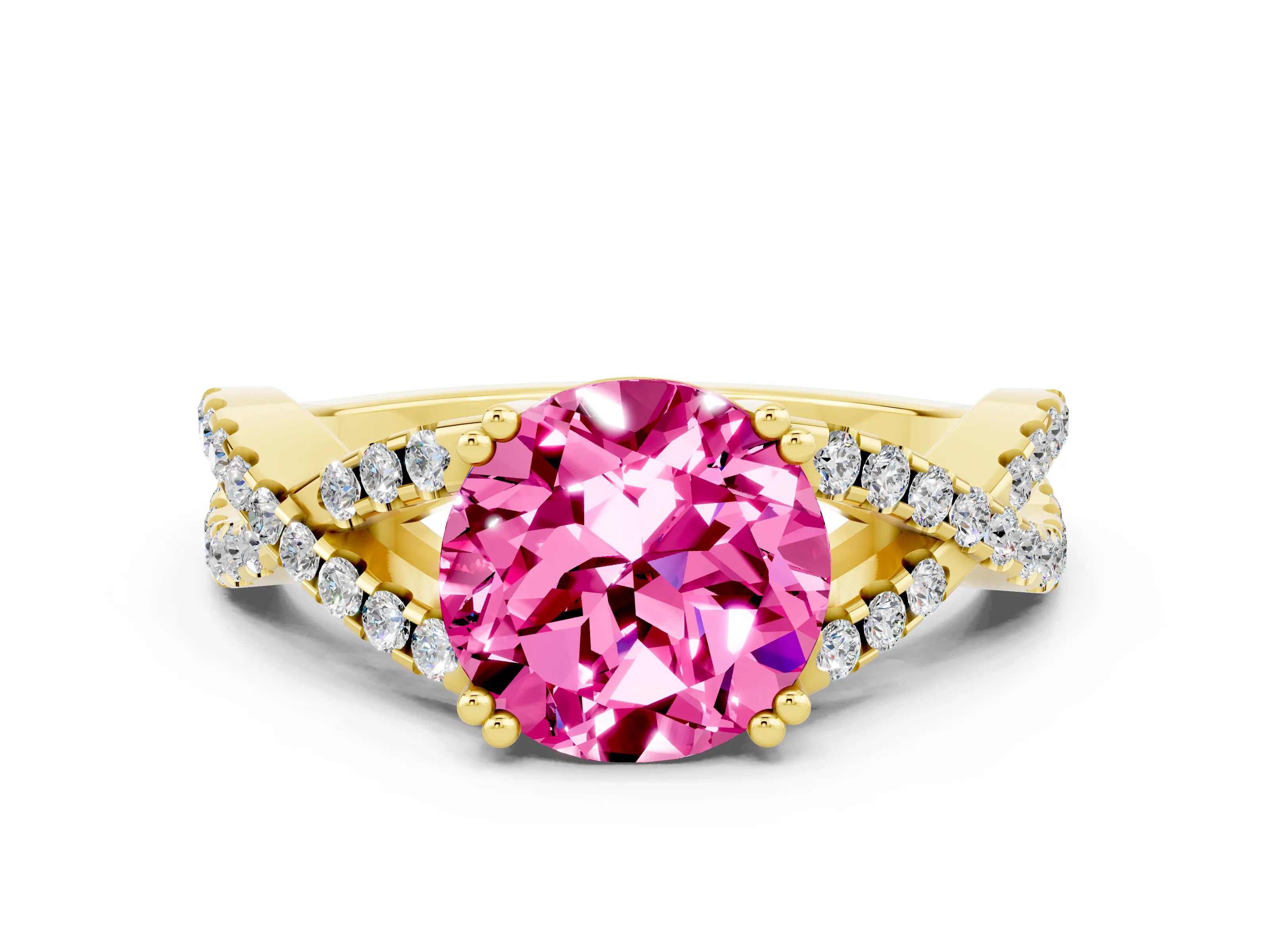 Yellow gold Round Cut Pink Sapphire Solitaire Ring with Four-Prong Setting and Twisted Pavé Band_12