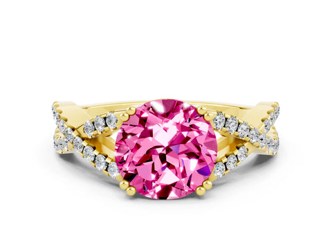 Yellow gold Round Cut Pink Sapphire Solitaire Ring with Four-Prong Setting and Twisted Pavé Band_12