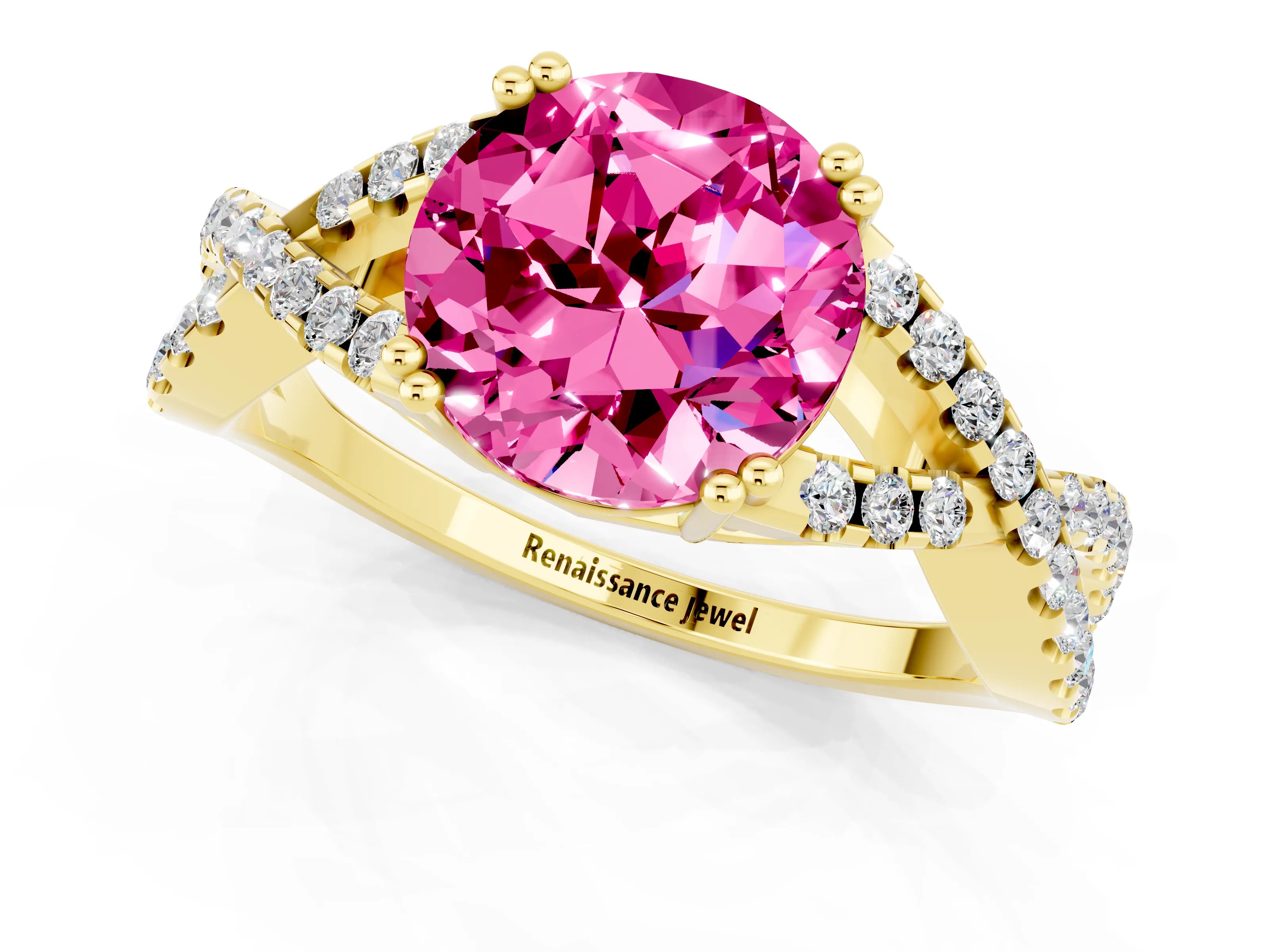 Yellow gold Round Cut Pink Sapphire Solitaire Ring with Four-Prong Setting and Twisted Pavé Band_13