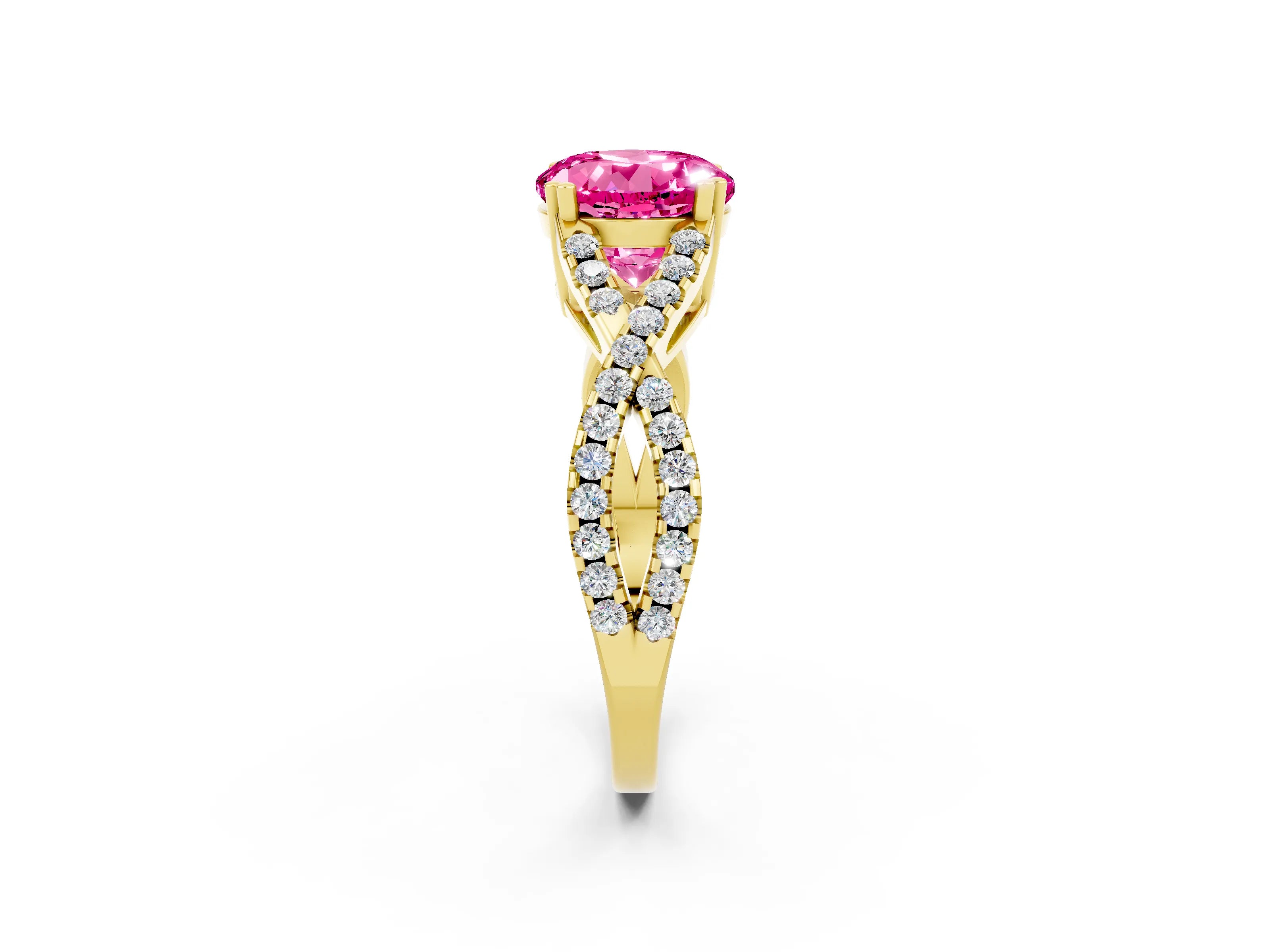 Yellow gold Round Cut Pink Sapphire Solitaire Ring with Four-Prong Setting and Twisted Pavé Band_14