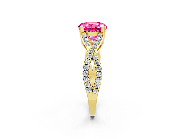 Yellow gold Round Cut Pink Sapphire Solitaire Ring with Four-Prong Setting and Twisted Pavé Band