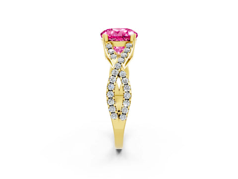 Yellow gold Round Cut Pink Sapphire Solitaire Ring with Four-Prong Setting and Twisted Pavé Band_14