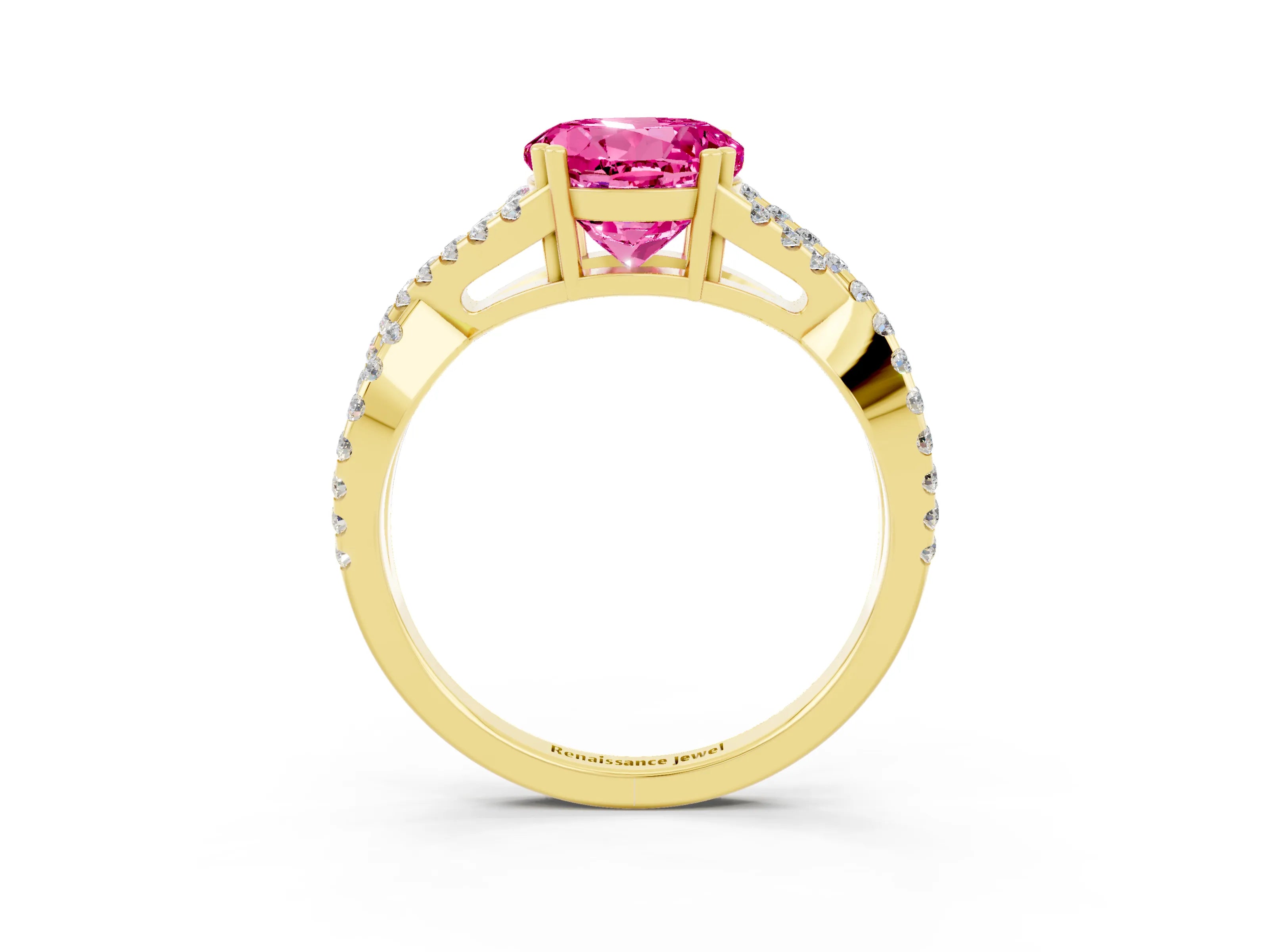 Yellow gold Round Cut Pink Sapphire Solitaire Ring with Four-Prong Setting and Twisted Pavé Band_15