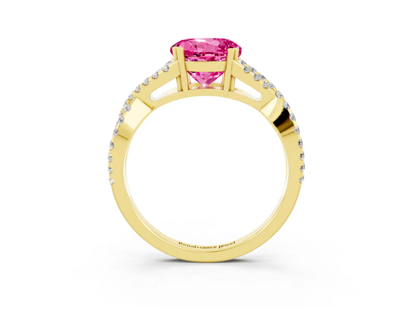 Yellow gold Round Cut Pink Sapphire Solitaire Ring with Four-Prong Setting and Twisted Pavé Band