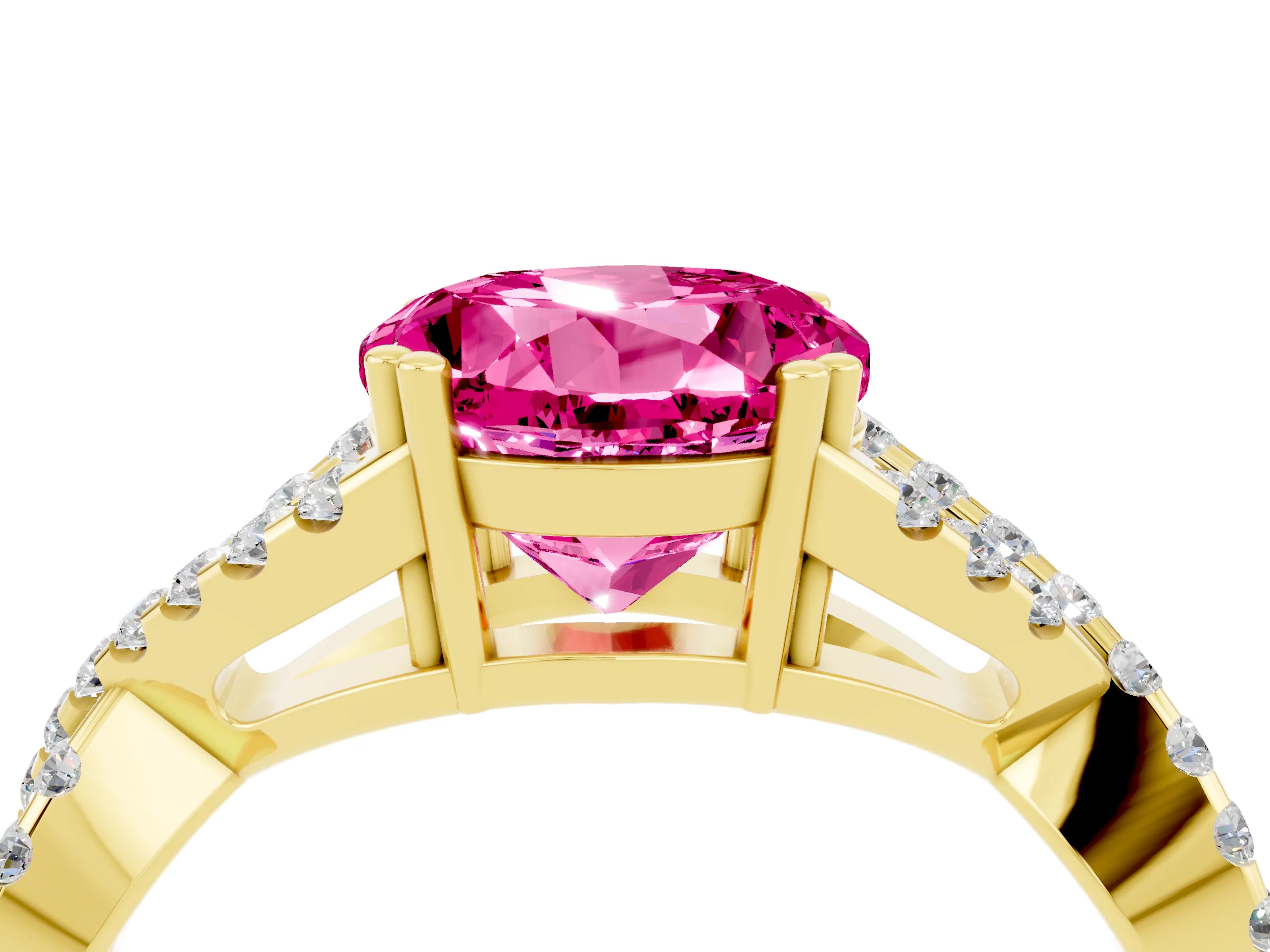 Yellow gold Round Cut Pink Sapphire Solitaire Ring with Four-Prong Setting and Twisted Pavé Band_16
