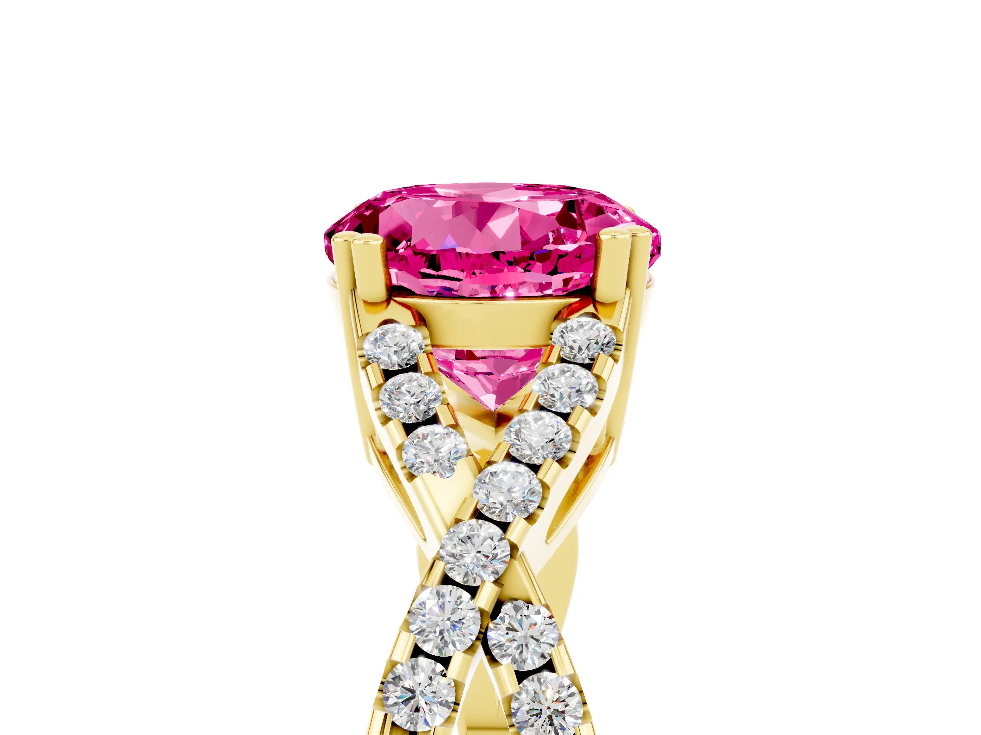 Yellow gold Round Cut Pink Sapphire Solitaire Ring with Four-Prong Setting and Twisted Pavé Band_17