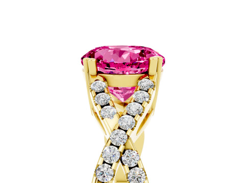 Yellow gold Round Cut Pink Sapphire Solitaire Ring with Four-Prong Setting and Twisted Pavé Band_17