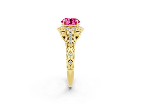 Yellow gold Round Cut Pink Sapphire Solitaire Ring with Hidden Halo and Pavé Band_14