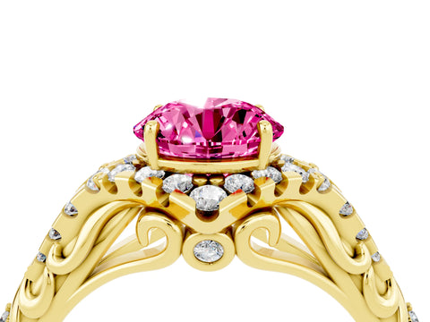 Yellow gold Round Cut Pink Sapphire Solitaire Ring with Hidden Halo and Pavé Band_16