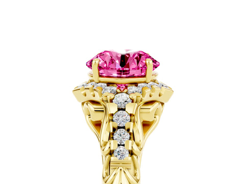Yellow gold Round Cut Pink Sapphire Solitaire Ring with Hidden Halo and Pavé Band_17