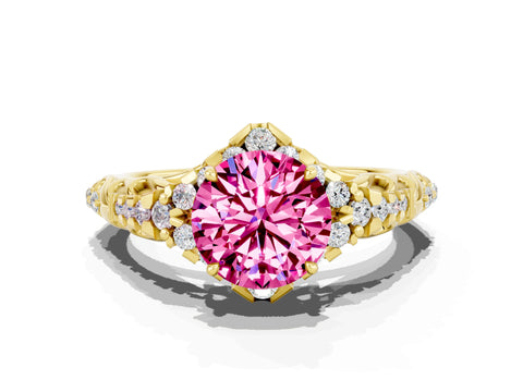 Yellow gold Round Cut Pink Sapphire Solitaire Ring with Hidden Halo and Pavé Band_20