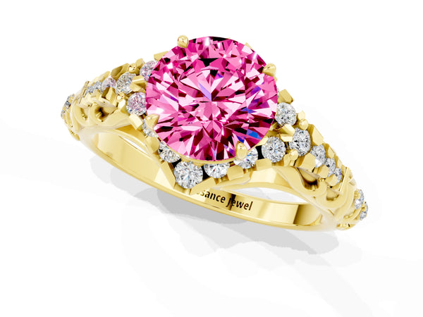 Yellow gold Round Cut Pink Sapphire Solitaire Ring with Hidden Halo and Pavé Band