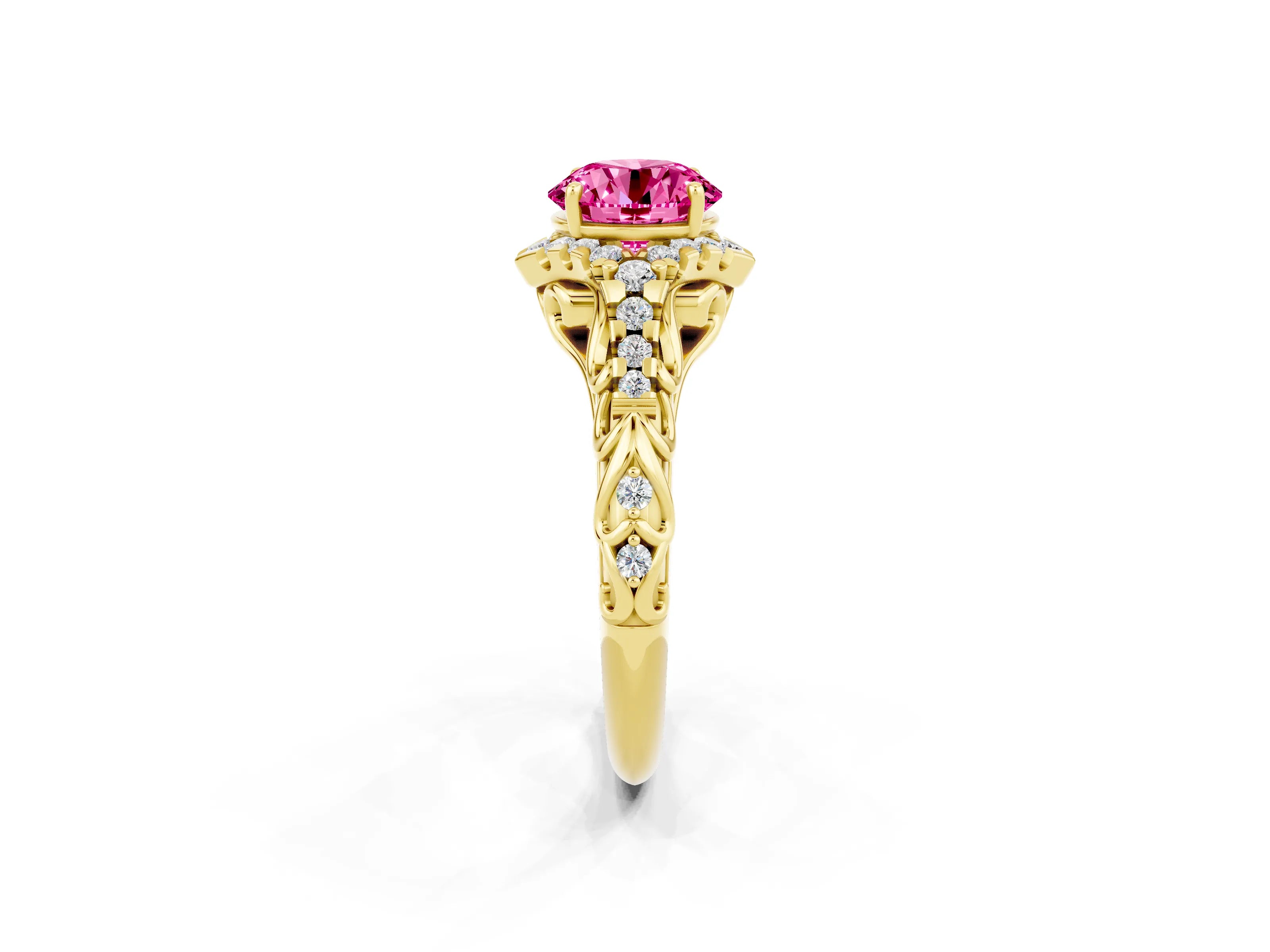 Yellow gold Round Cut Pink Sapphire Solitaire Ring with Hidden Halo and Pavé Band_22
