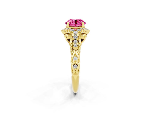 Yellow gold Round Cut Pink Sapphire Solitaire Ring with Hidden Halo and Pavé Band_22