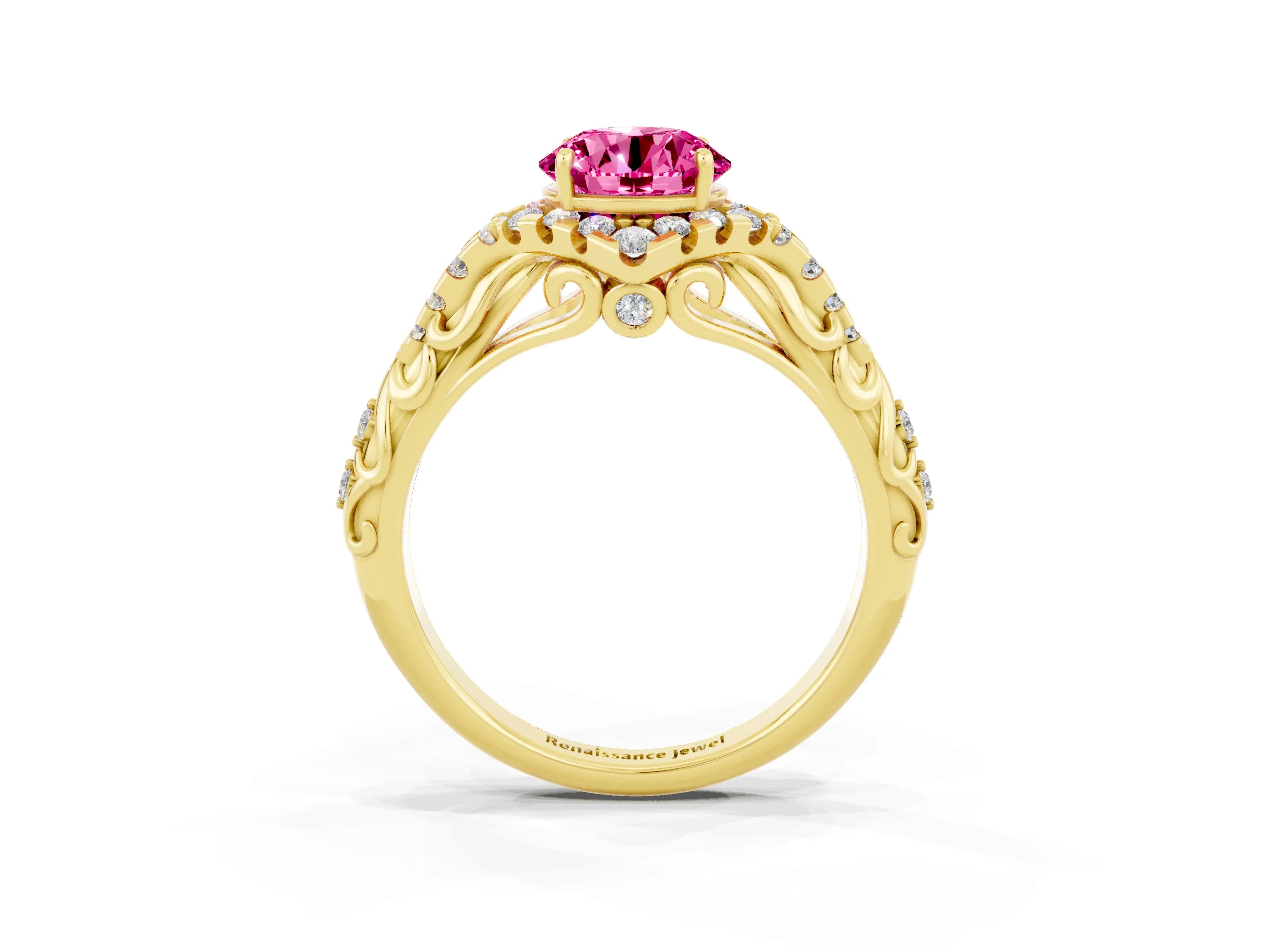 Yellow gold Round Cut Pink Sapphire Solitaire Ring with Hidden Halo and Pavé Band_23
