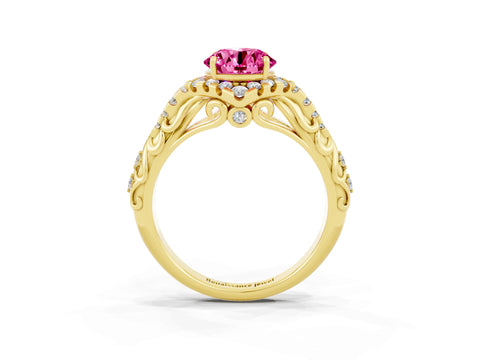 Yellow gold Round Cut Pink Sapphire Solitaire Ring with Hidden Halo and Pavé Band_23