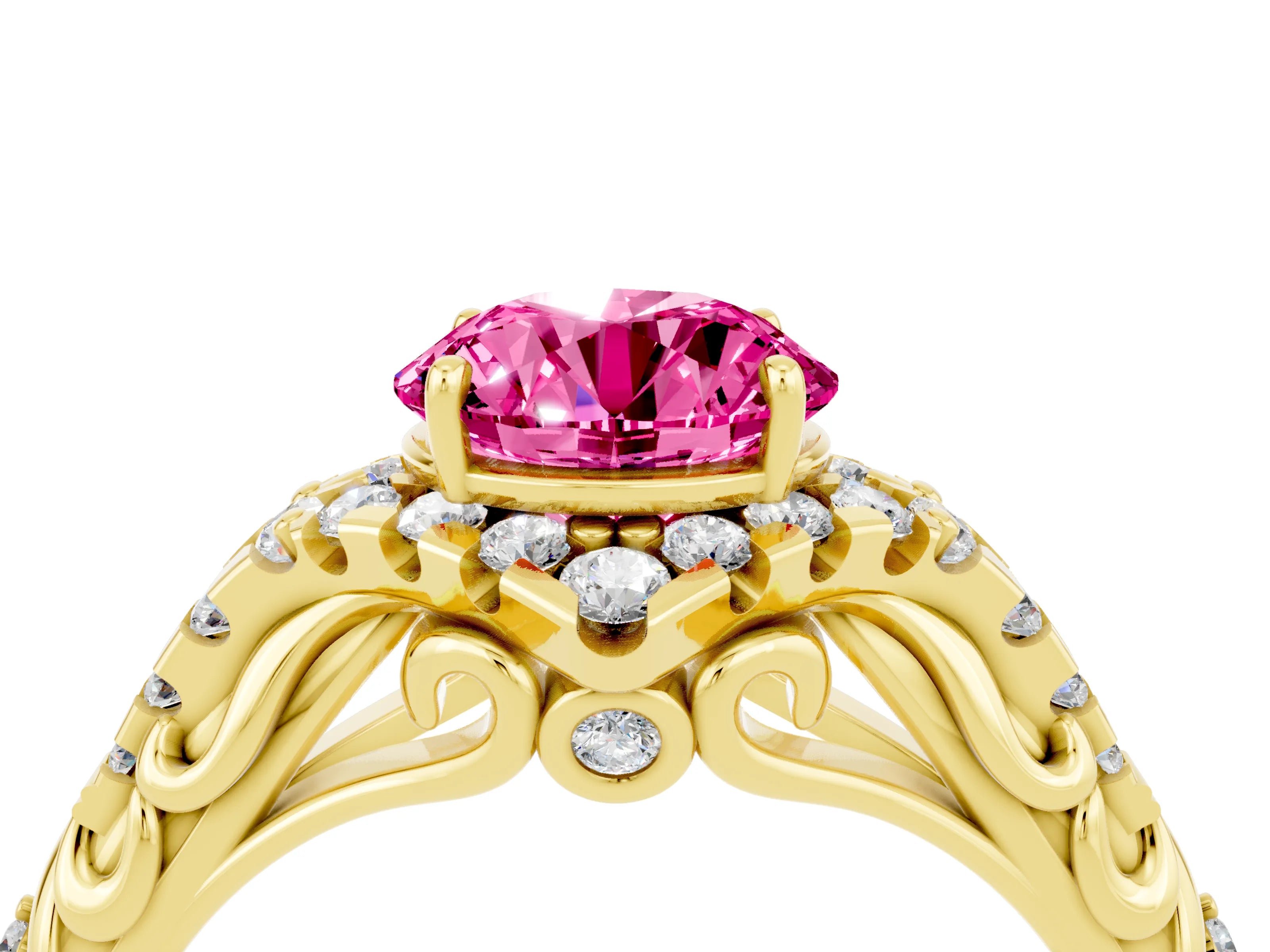 Yellow gold Round Cut Pink Sapphire Solitaire Ring with Hidden Halo and Pavé Band_24