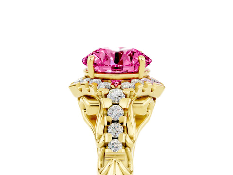 Yellow gold Round Cut Pink Sapphire Solitaire Ring with Hidden Halo and Pavé Band_25