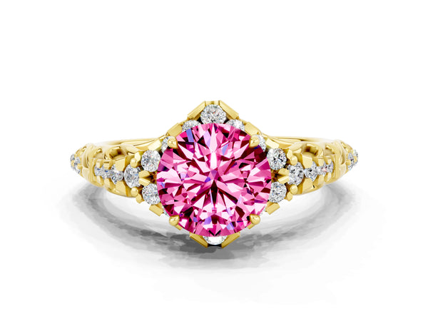 Yellow gold Round Cut Pink Sapphire Solitaire Ring with Hidden Halo and Pavé Band