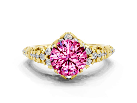 Yellow gold Round Cut Pink Sapphire Solitaire Ring with Hidden Halo and Pavé Band_34