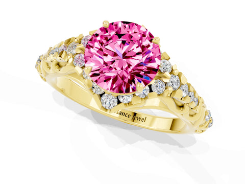 Yellow gold Round Cut Pink Sapphire Solitaire Ring with Hidden Halo and Pavé Band_35