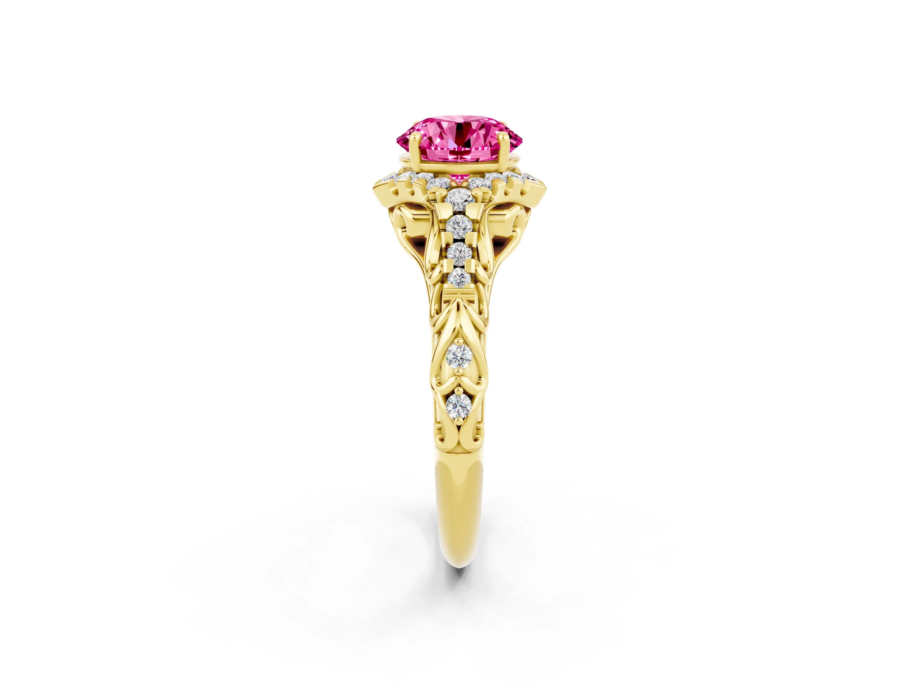 Yellow gold Round Cut Pink Sapphire Solitaire Ring with Hidden Halo and Pavé Band_36