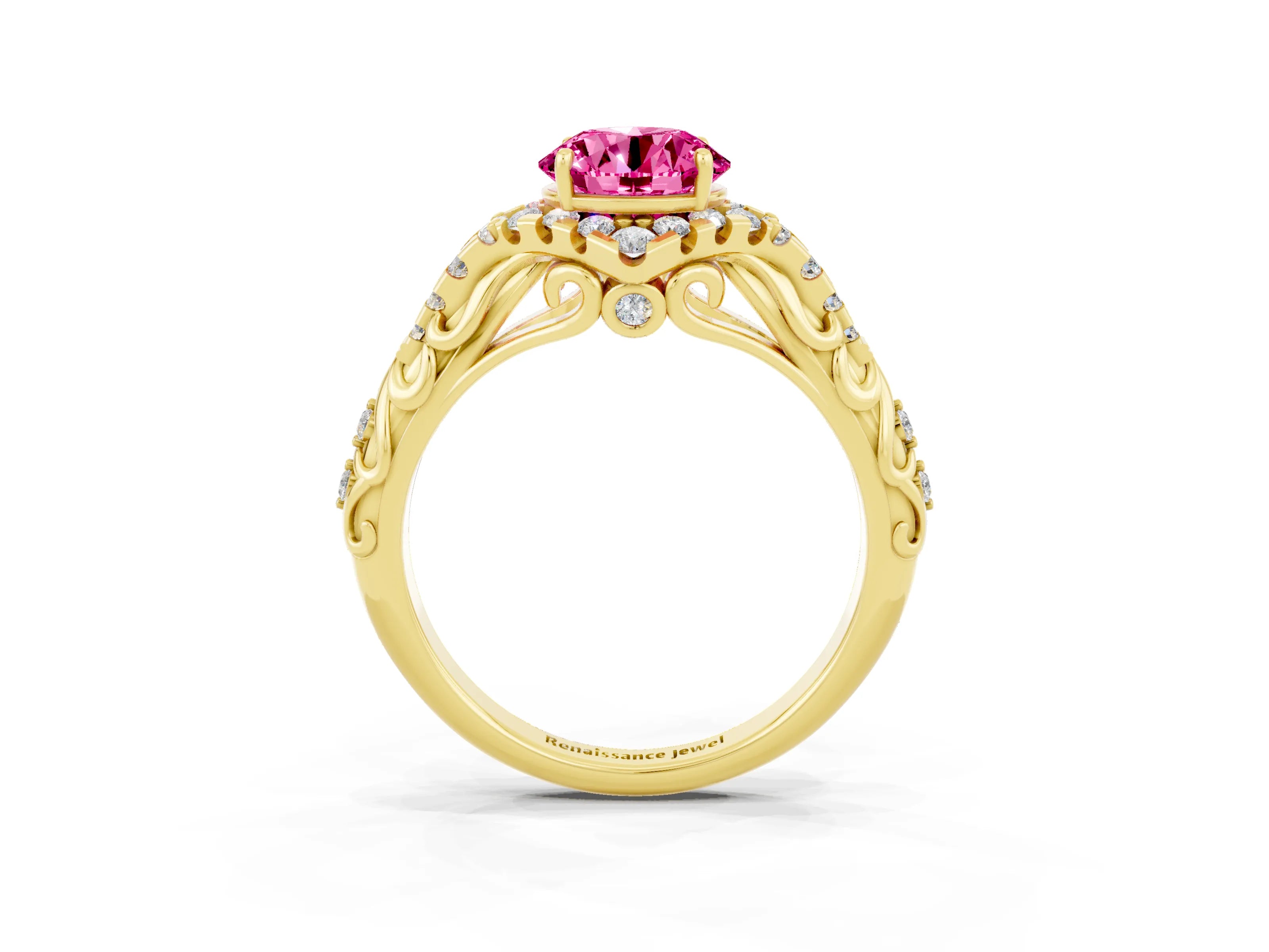 Yellow gold Round Cut Pink Sapphire Solitaire Ring with Hidden Halo and Pavé Band_37
